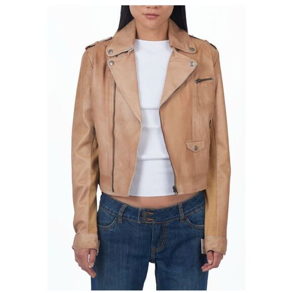 Jakett JKT NYC Womens Piper Patina Leather Jacket, Au Lait Full Zip Motorcycle B - Picture 1 of 11